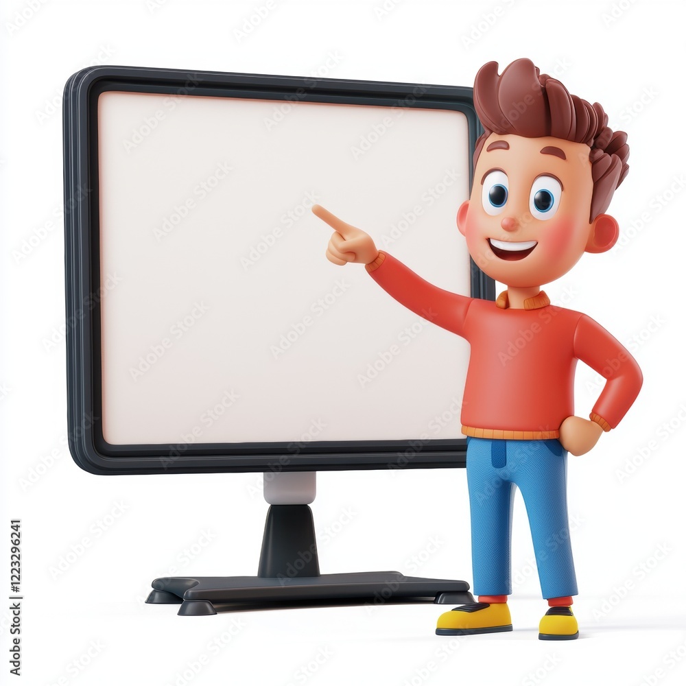 3D icon cartoon presenter pointing at a large screen, isolated on a white background - 3D icon cartoon presenter pointing at a large screen, isolated on a white background -