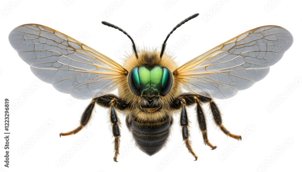 A stunning close-up of a bee with vibrant green eyes, translucent wings, and golden fuzzy body details, set against a white background, showcasing nature's intricate beauty. A stunning close-up of a bee with vibrant green eyes, translucent wings, and golden fuzzy body details, set against a white background, showcasing nature's intricate beauty.