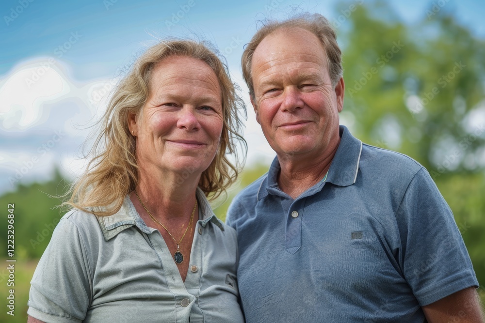 Portrait of a satisfied couple in their 40s donning a classy polo shirt in front of quiet countryside landscape