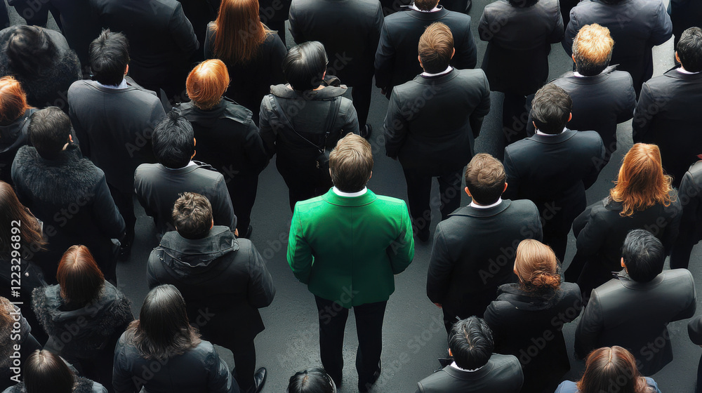 Obraz premium A single person wearing a vibrant green suit stands out in a crowd of black suits, symbolizing individuality and uniqueness.