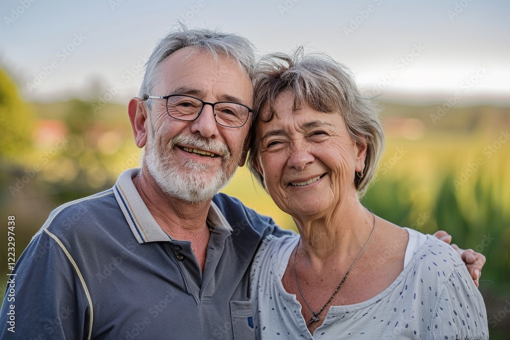 Portrait of a satisfied couple in their 40s donning a classy polo shirt over quiet countryside landscape Portrait of a satisfied couple in their 40s donning a classy polo shirt over quiet countryside landscape
