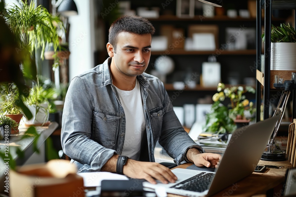 Visually impaired individual engaged with a braille display in a cozy home office setting filled with natural light Visually impaired individual engaged with a braille display in a cozy home office setting filled with natural light