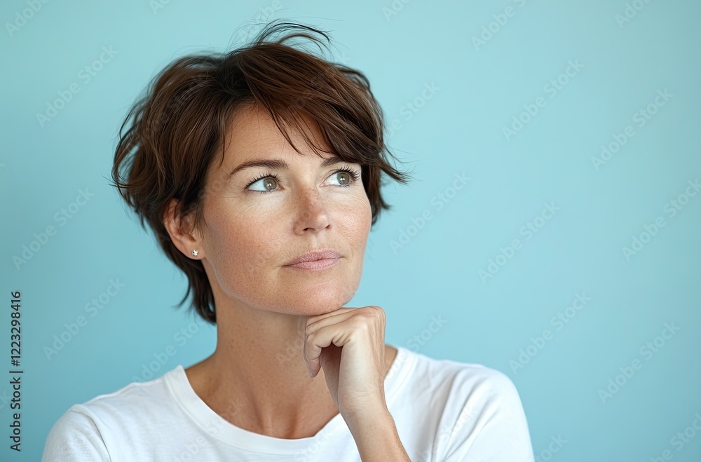 A woman in her late thirties with short brown hair, wearing a white t-shirt, is thinking while holding one finger on her chin and looking to the side over a light blue background with copy space A woman in her late thirties with short brown hair, wearing a white t-shirt, is thinking while holding one finger on her chin and looking to the side over a light blue background with copy space