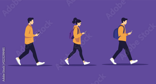 People walking while looking at phones, flat vector illustration on purple background