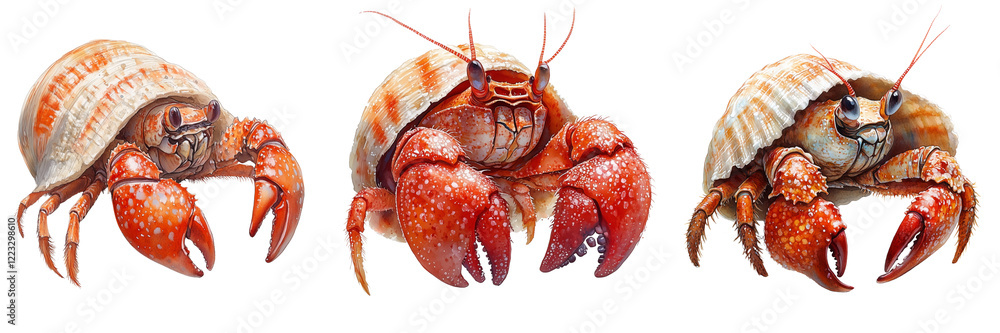 Fototapeta premium Illustrator watercolor depicts hermit crabs on a transparent background in nature