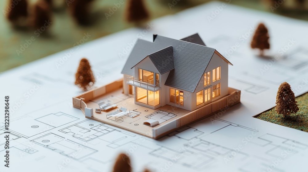 A miniature house model sits on architectural plans, illuminated to showcase design elements surrounded by a natural setting. A miniature house model sits on architectural plans, illuminated to showcase design elements surrounded by a natural setting.