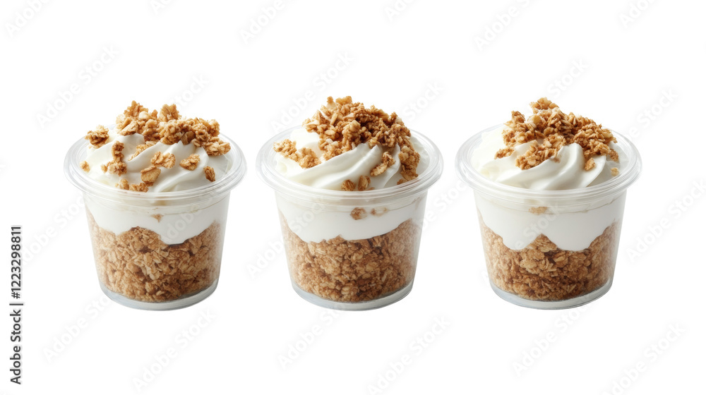 The image shows three clear plastic cups filled with layered yogurt and granola, a simple yet appetizing dessert or breakfast option. The image shows three clear plastic cups filled with layered yogurt and granola, a simple yet appetizing dessert or breakfast option.