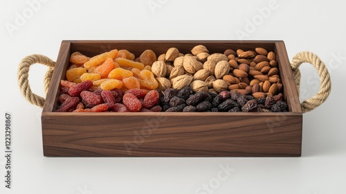 Wooden box holding a selection of dried fruits and nuts, accented with natural jute rope handles.