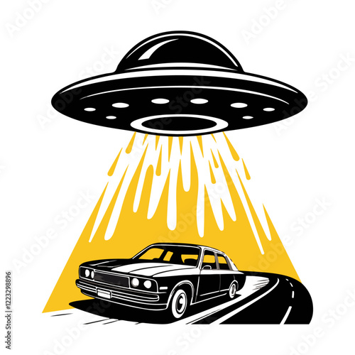 Car silhouette under UFO beam retro style design