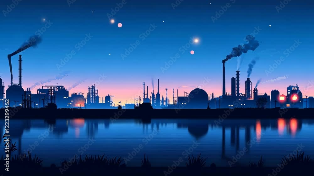 Industrial skyline illuminated by twilight with reflections over a calm water surface Industrial skyline illuminated by twilight with reflections over a calm water surface