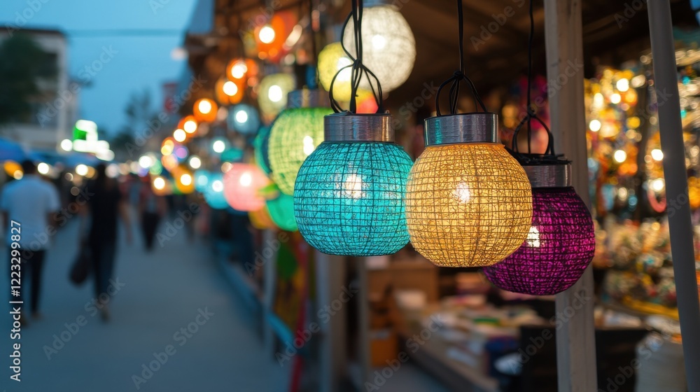 Obraz premium Colorful Lanterns Illuminating a Vibrant Market Street at Dusk
