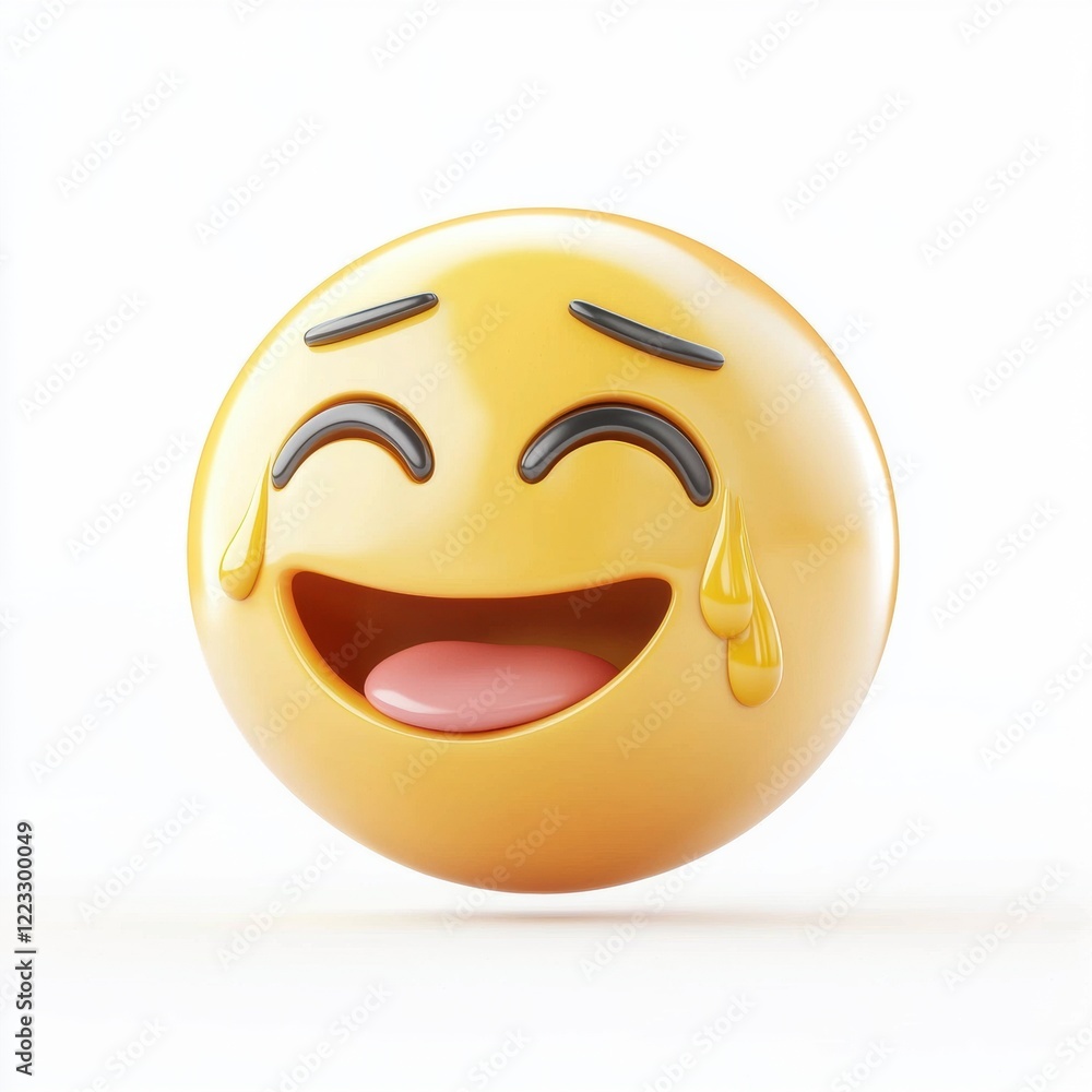 Fototapeta premium 3D icon cartoon smiling emoji face with big laughter tears, isolated on a white background -
