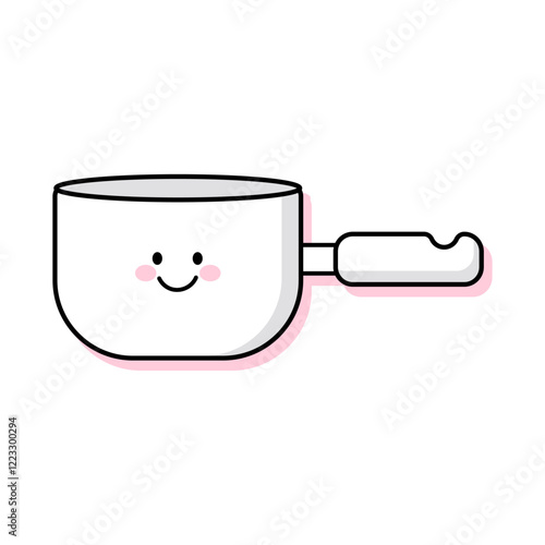 Cute outline kawaii saucepan or stewpan for cooking. Happy joyful  saucepan with smiling face. Vector illustration, icon isolated on white background