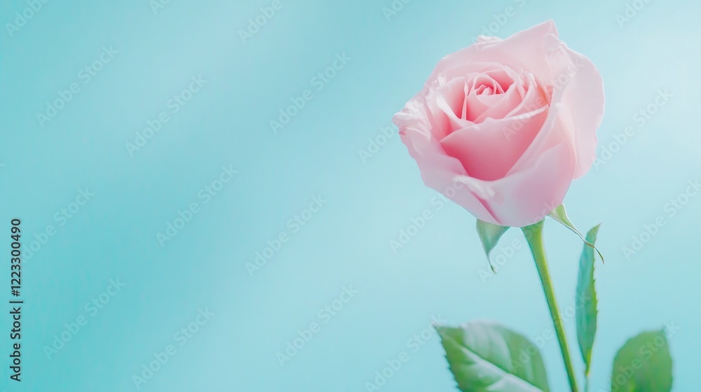 Fototapeta premium Single Pink Rose Against A Serene Blue Backdrop
