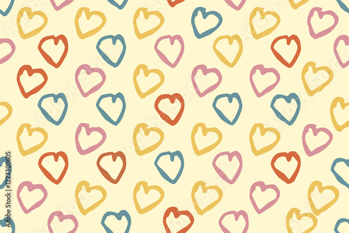 Colorful heart patterns fill the canvas with playful shapes and bright hues, seamless pattern