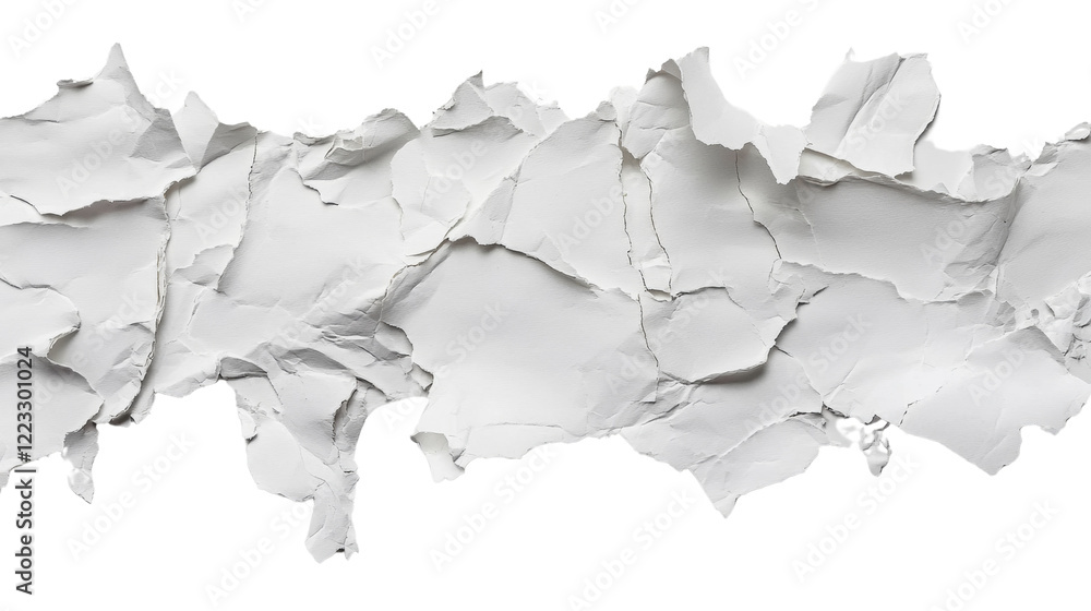 A close-up image shows a long horizontal strip of heavily crumpled white paper against a black background. A close-up image shows a long horizontal strip of heavily crumpled white paper against a black background.