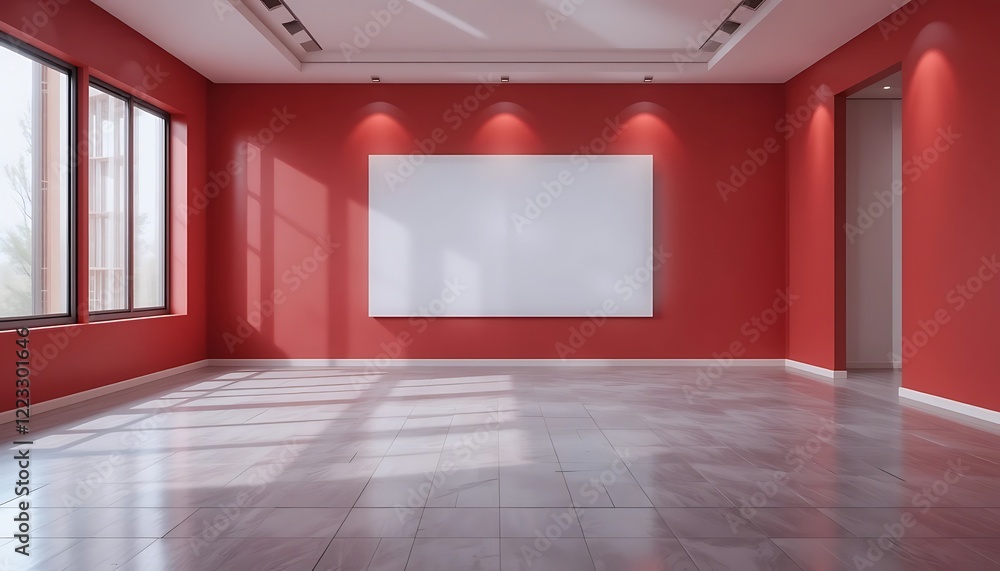 Empty Red Room With Large Blank Canvas And Floor Tiles Empty Red Room With Large Blank Canvas And Floor Tiles