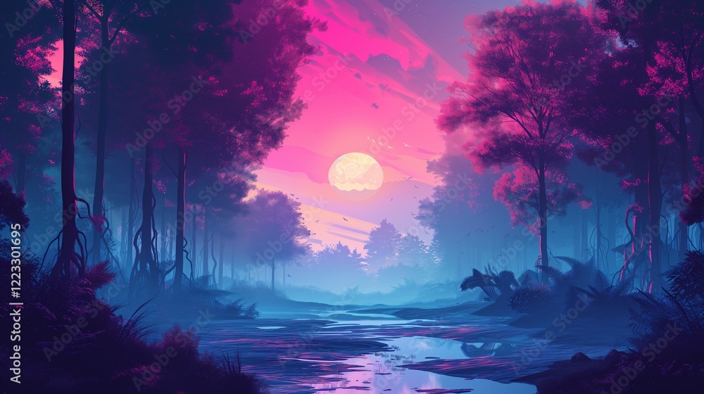 Fototapeta premium Vibrant forest with surreal colors and atmosphere