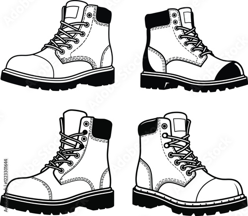 Detailed work boot illustrations with laces and tread patterns.