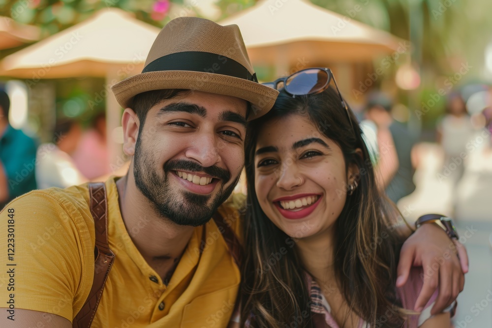 Portrait of a merry indian couple in their 20s donning a classic fedora in bustling city cafe Portrait of a merry indian couple in their 20s donning a classic fedora in bustling city cafe