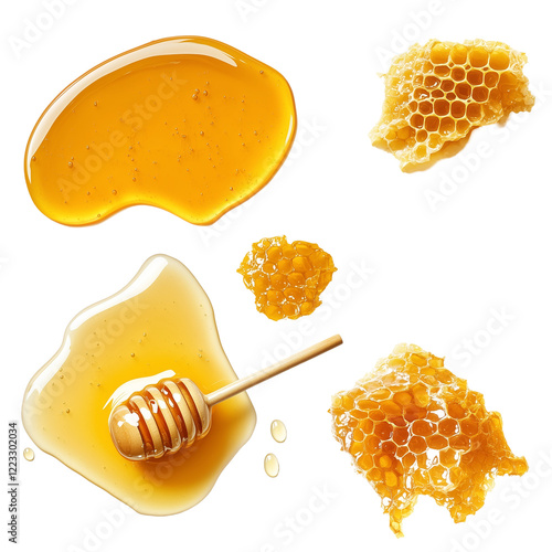 Set of honeycombs and honey spills isolated on white and transparent background