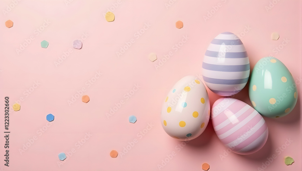 Pastel Easter eggs on a pink background with scattered confetti, providing playful copy space for cheerful seasonal greetings, festive promotions, or creative holiday designs. Pastel Easter eggs on a pink background with scattered confetti, providing playful copy space for cheerful seasonal greetings, festive promotions, or creative holiday designs.