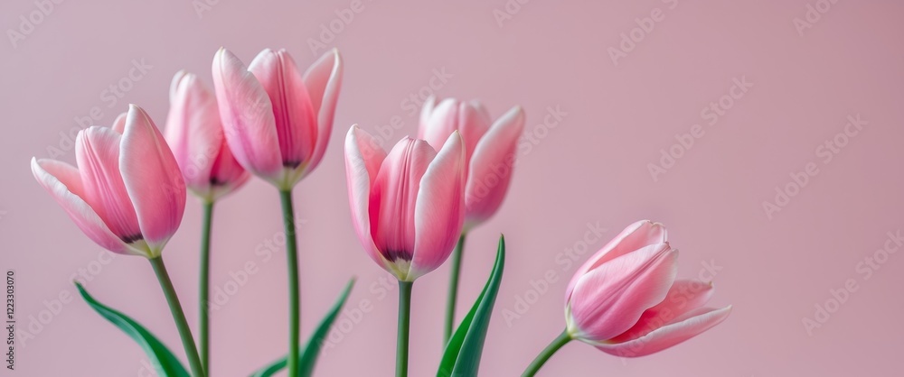 Fototapeta premium Beautiful pink tulips on soft pink background