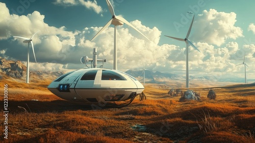 A modular off-grid hover vehicle charging via wind turbines, futuristic landscape photo