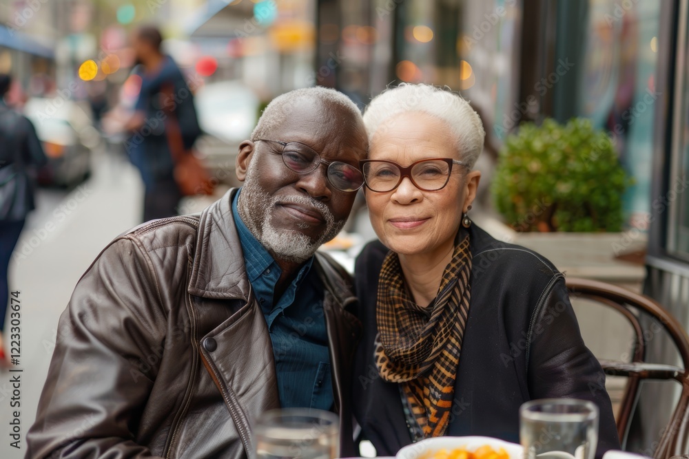 Portrait of a tender mixed race couple in their 60s sporting a stylish leather blazer over bustling city cafe Portrait of a tender mixed race couple in their 60s sporting a stylish leather blazer over bustling city cafe