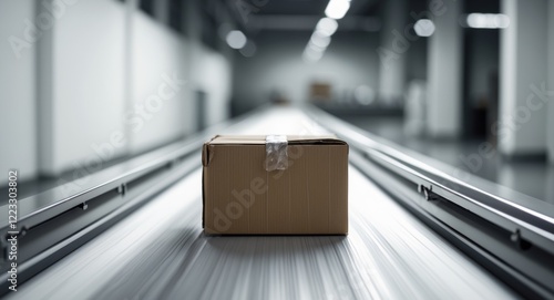 Cardboard box on conveyor belt in modern warehouse. photo