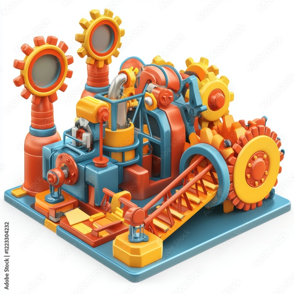 Fototapeta premium 3D icon cartoon toy factory with gears and conveyor belts, isolated on a white background --quality 2