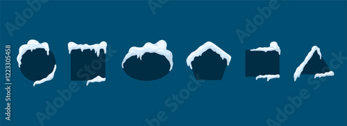 Frames with snow ice cap. Card or poster template. Snowdrifts shapes with icicles. Winter frame decoration. Snowy roof effect. Frost icy heaps. Frozen vector cartoon flat isolated illustration