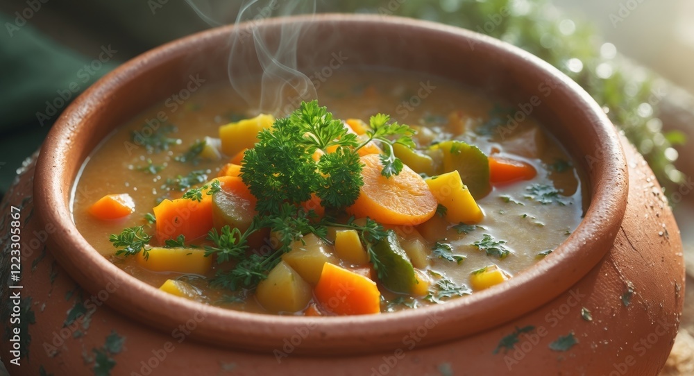 Creamy vegetable stew simmering in a rustic clay pot with vibrant colors and fresh herbs Creamy vegetable stew simmering in a rustic clay pot with vibrant colors and fresh herbs