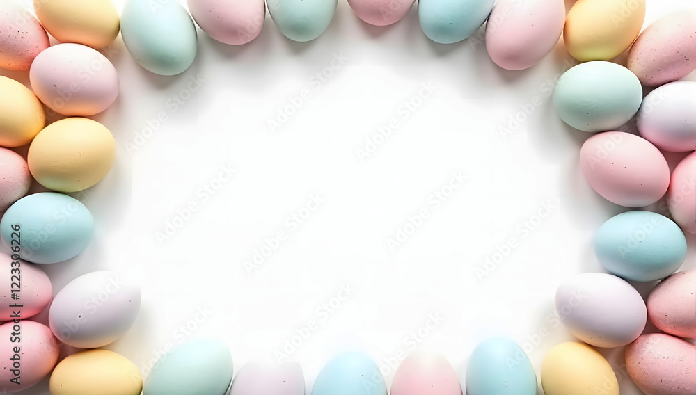 Pastel Easter Eggs Arranged in a Circular Frame on a Clean White Background, Ideal for Seasonal Greeting Cards or Creative Text Designs with Copy Space for Your Message Pastel Easter Eggs Arranged in a Circular Frame on a Clean White Background, Ideal for Seasonal Greeting Cards or Creative Text Designs with Copy Space for Your Message
