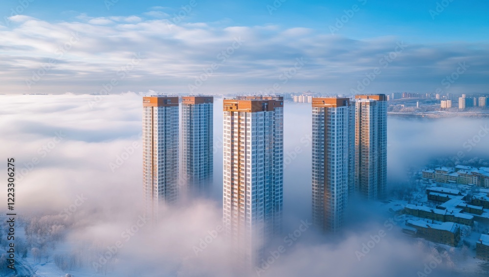 Fototapeta premium Cityscape Emerging from the Mist: Four Skyscrapers Piercing Through a Sea of Clouds