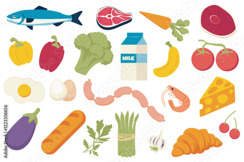 Food products set in flat graphic design. Collection elements of fish, meat steak, carrot, yellow pepper, red paprika, broccoli, milk package, banana, tomato, eggs, cheese, other. Vector illustration.