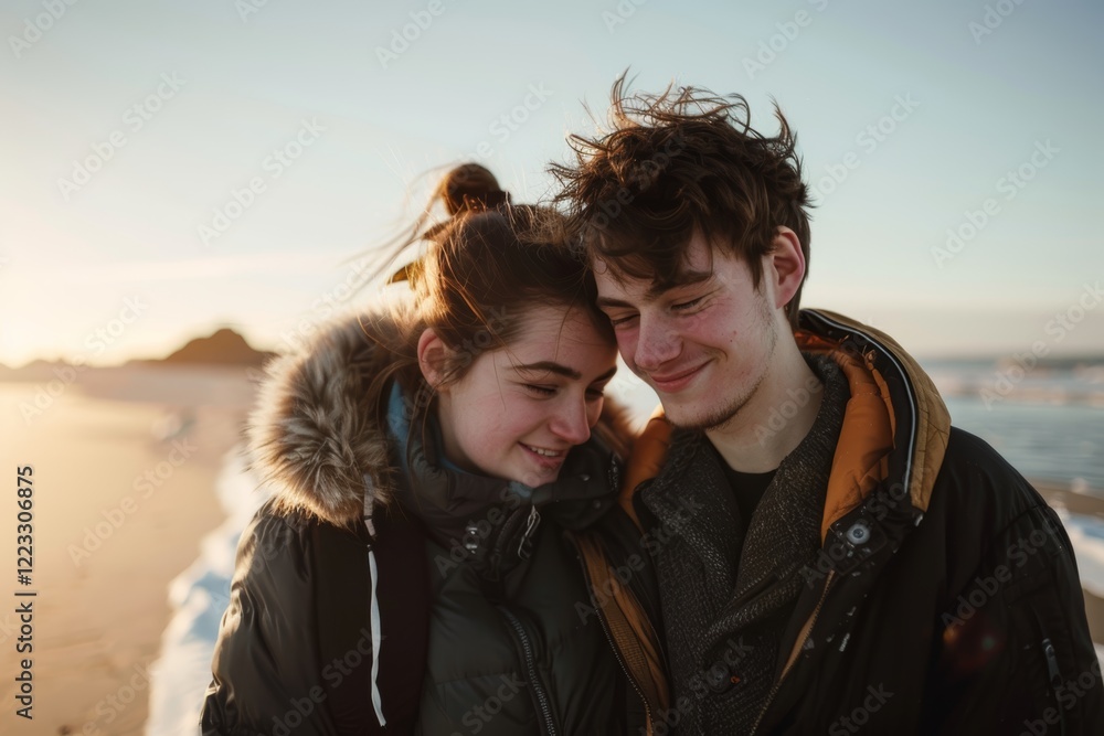Portrait of a tender couple in their 20s wearing a warm parka in beautiful beach sunset Portrait of a tender couple in their 20s wearing a warm parka in beautiful beach sunset