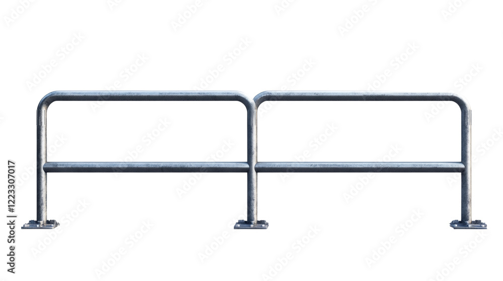 A double-sectioned metal guardrail, likely used for industrial safety and protection, is shown mounted on a flat surface. A double-sectioned metal guardrail, likely used for industrial safety and protection, is shown mounted on a flat surface.