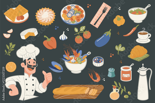 French food stickers set in flat graphic design. Collection elements of chef, wafers, ratatouille, cheese, oyster and shrimp, baguette bread, croissant, olive oil, coffee, other. Vector illustration.