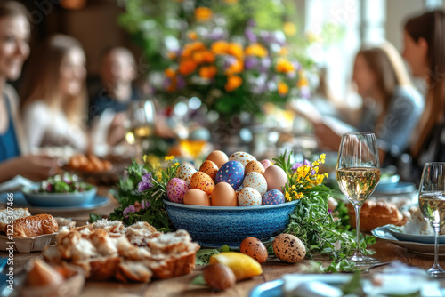 Happy family having Easter dinner together, table setting with traditional food and spring flowers for Easter celebration	
 photo