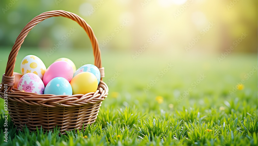Easter basket with colorful eggs on fresh green grass in a bright spring garden, perfect for Easter celebration, festive themes, or holiday-related creative projects Easter basket with colorful eggs on fresh green grass in a bright spring garden, perfect for Easter celebration, festive themes, or holiday-related creative projects