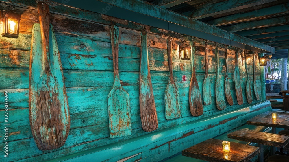 custom made wallpaper toronto digitalRustic teal wood wall with weathered wooden paddles, lit by warm candlelight.