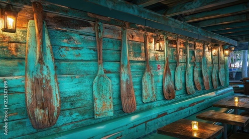 Wallpaper Mural Rustic teal wood wall with weathered wooden paddles, lit by warm candlelight. Torontodigital.ca