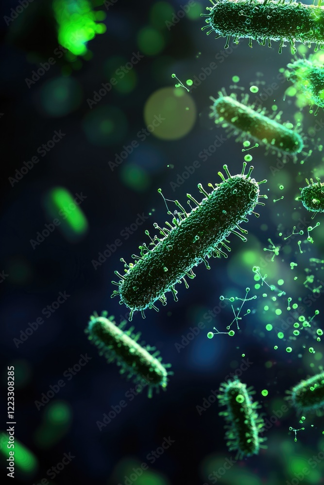 Fototapeta premium Microbial action exploring bacteria in a dark environment scientific visualization close-up perspective on microorganisms