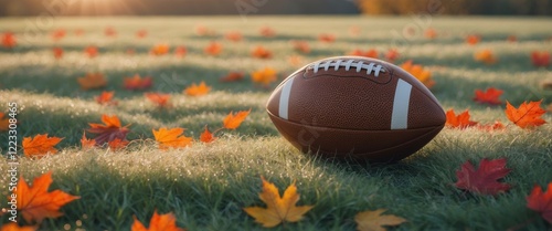 Football resting on dewy grass at sunset with autumn leaves scattered nearby. photo