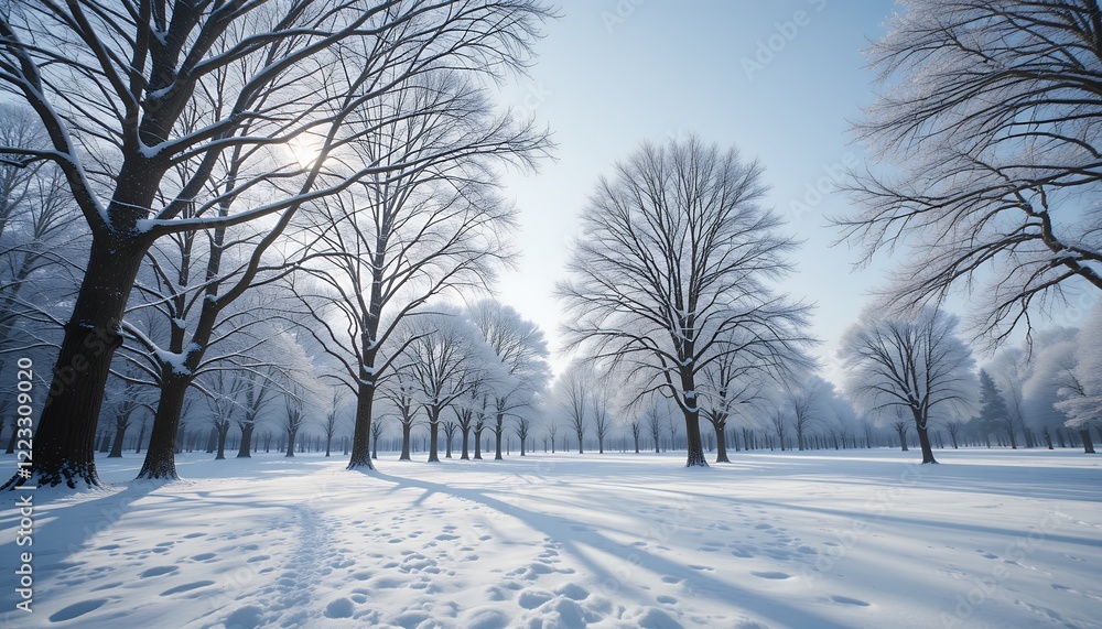 Snow covered trees in a winter landscape under a clear blue sky Snow covered trees in a winter landscape under a clear blue sky