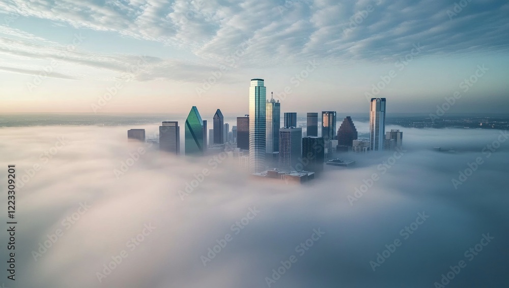 Fototapeta premium Dallas Skyline Enveloped in Morning Fog: A Breathtaking Aerial View