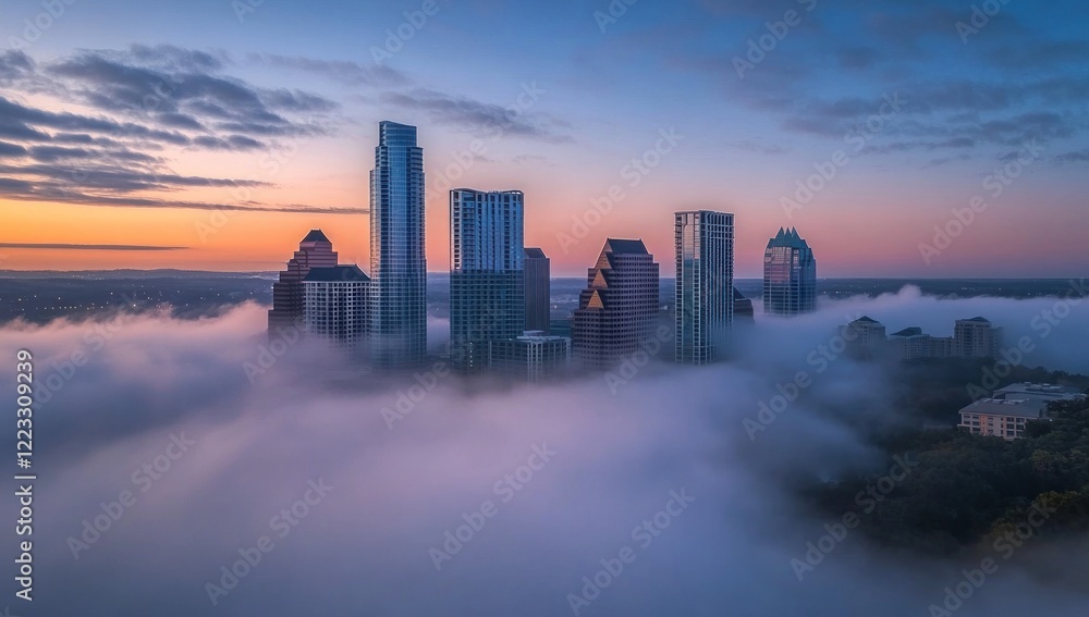Fototapeta premium Austin Skyline Emerging from the Mist: A Breathtaking Sunrise