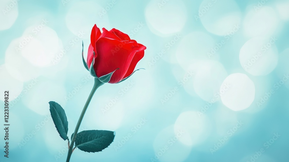 Obraz premium Close-Up Of A Vibrant Red Rose With Aqua-Toned Bokeh.