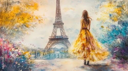 Fototapeta Naklejka Na Ścianę i Meble -  painting watercolor woman in paris. Selective focus.